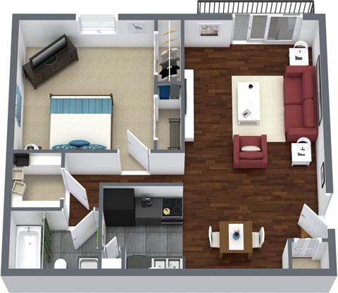 Floor plan for 1 bed, 1 bath, 621 sqft
